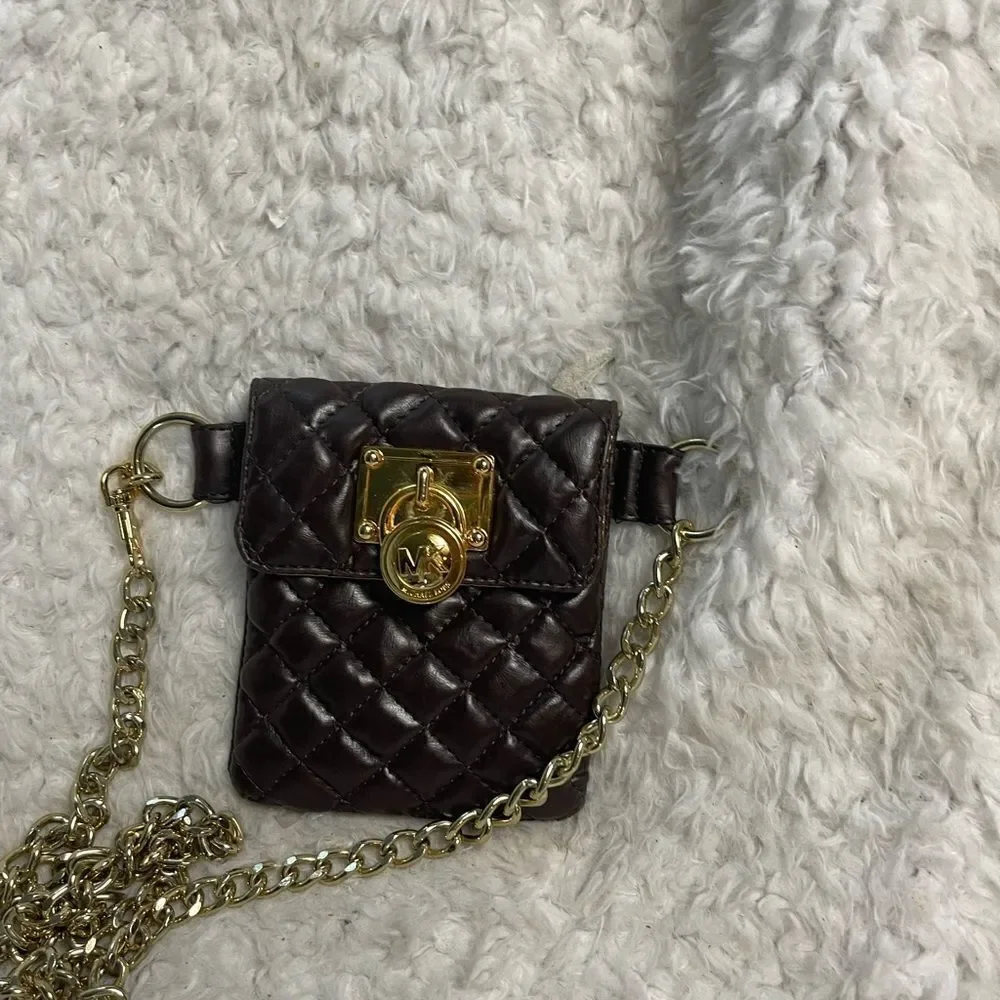 Michael Kors Brown faux leather quilted mini crossbody/fanny pack chain accent